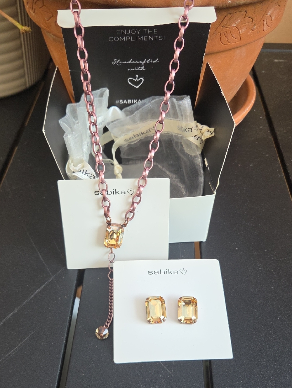 Sabika Rose Gold Chain Necklace with Gold Crystal Pendant and Matching Studs